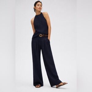Maeve Avery Linen Pleated Wide Leg Trousers Navy S